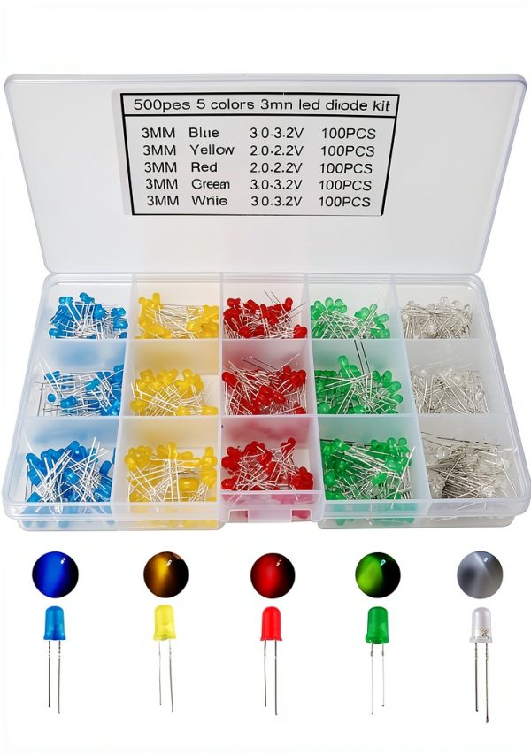 3mm LED Light Kit 500 2Pin Round Red Yellow Green Blue White CESFONJER-0